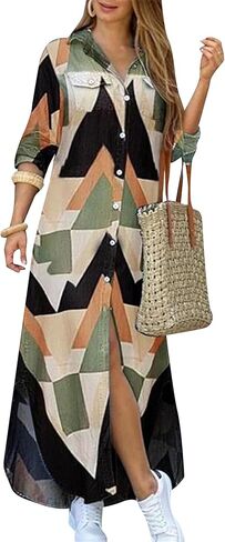 Womens Button Down Rolled Up Long Sleeve V-Neck Casual Fit Sundress Floral Maxi Loose Blouse Dress in Saudi Arabia