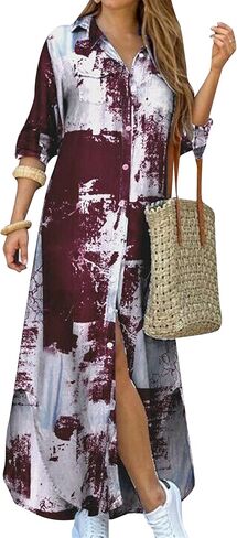Womens Button Down Rolled Up Long Sleeve V-Neck Casual Fit Sundress Floral Maxi Loose Blouse Dress in Saudi Arabia