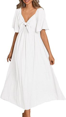 Womens Summer Casual Sun Dresses Short Sleeve Tie V Neck Ruffle Smocked Flowy Maxi Dress in Kuwait