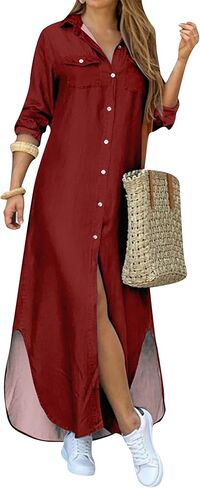 Womens Button Down Rolled Up Long Sleeve V-Neck Casual Fit Sundress Floral Maxi Loose Blouse Dress in Saudi Arabia