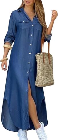 Womens Button Down Rolled Up Long Sleeve V-Neck Casual Fit Sundress Floral Maxi Loose Blouse Dress in Saudi Arabia