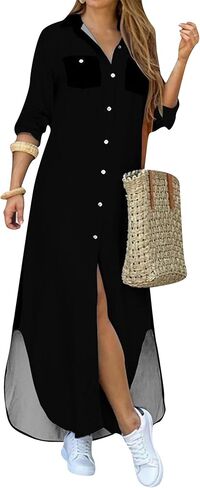 Womens Button Down Rolled Up Long Sleeve V-Neck Casual Fit Sundress Floral Maxi Loose Blouse Dress in Saudi Arabia