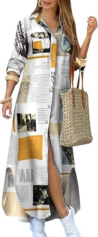 Womens Button Down Rolled Up Long Sleeve V-Neck Casual Fit Sundress Floral Maxi Loose Blouse Dress in Saudi Arabia