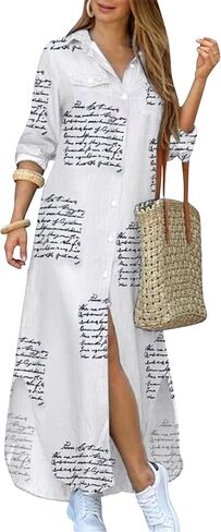 Womens Button Down Rolled Up Long Sleeve V-Neck Casual Fit Sundress Floral Maxi Loose Blouse Dress in Saudi Arabia