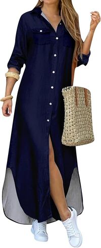 Womens Button Down Rolled Up Long Sleeve V-Neck Casual Fit Sundress Floral Maxi Loose Blouse Dress in Saudi Arabia