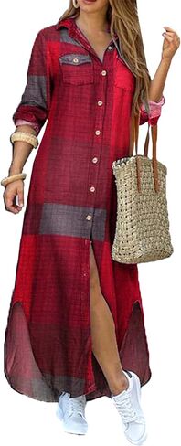 Womens Button Down Rolled Up Long Sleeve V-Neck Casual Fit Sundress Floral Maxi Loose Blouse Dress in Saudi Arabia
