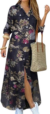 Womens Button Down Rolled Up Long Sleeve V-Neck Casual Fit Sundress Floral Maxi Loose Blouse Dress in Saudi Arabia