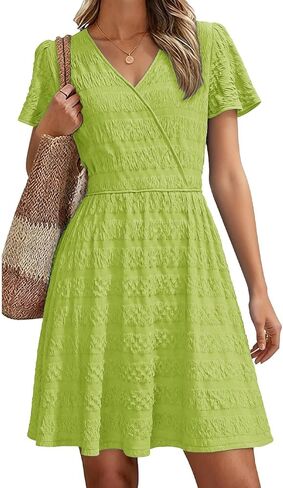 فساتين نسائية صيفية برقبة على شكل حرف V من Alaster Queen، تي شيرت كاجوال بأكمام قصيرة وخفيف الوزن، فستان قصير للشاطئ مكشكش مع جيب in Kuwait