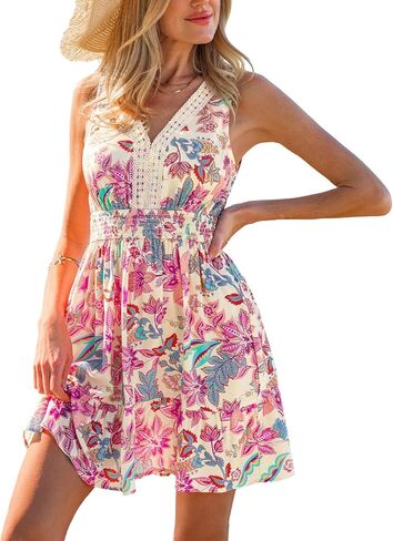 CUPSHE Women's Summer Floral Mini Dress V Neck Sleeveless Lace Trim Elastic Waist Casual Vacation Beach Flowy Short Dresses in Saudi Arabia
