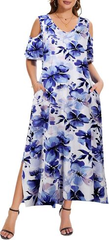 Plus Size Dresses for Women Summer V Neck Cold Shoulder Short Sleeve Split Long Beach Dresses with Pockets in Kuwait