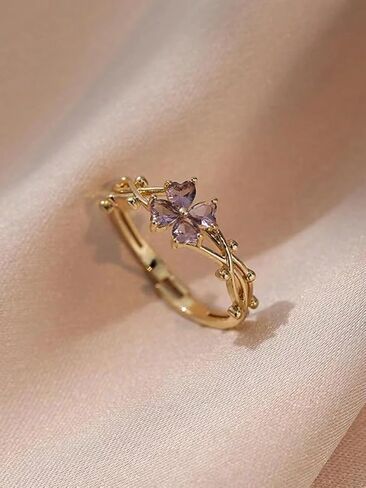 Romantic Purple Four Leaf Zircon Flower Open Rings for Women Fashion Charm Gold Stainless Steel Adjustable Finger Rings Birthday Valentine's Day Engagement Wedding Jewelry Gifts in Saudi Arabia