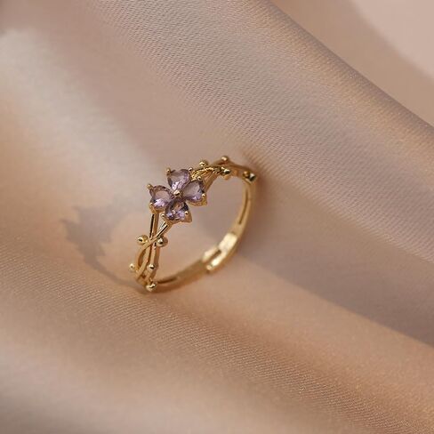 Romantic Purple Four Leaf Zircon Flower Open Rings for Women Fashion Charm Gold Stainless Steel Adjustable Finger Rings Birthday Valentine's Day Engagement Wedding Jewelry Gifts in Saudi Arabia