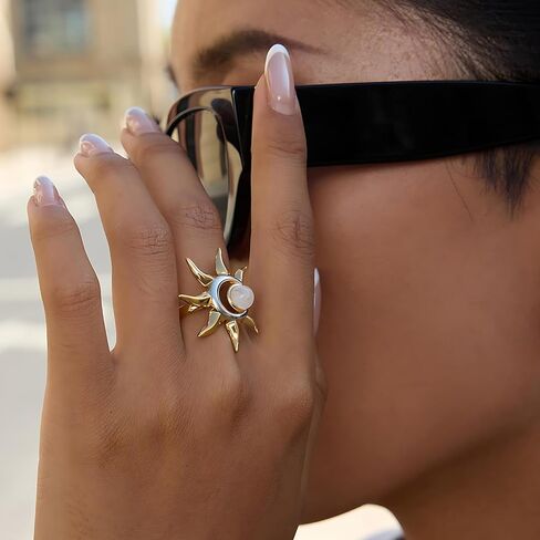 Sun and Moon Adjustable Ring for Women Stainless Steel Open Band Statement Ring Gold and Silver Celestial Jewelry Gift in Kuwait