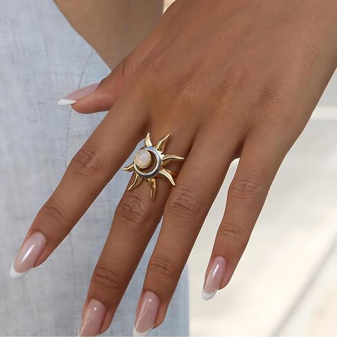 Sun and Moon Adjustable Ring for Women Stainless Steel Open Band Statement Ring Gold and Silver Celestial Jewelry Gift in Kuwait