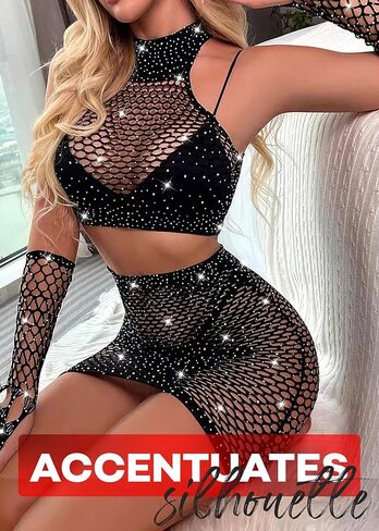 Lace Lingerie for Women, One Piece See Through Sparkle Bodysuit, Babydoll Rhinestone Lingerie Mesh Black One Size in Kuwait