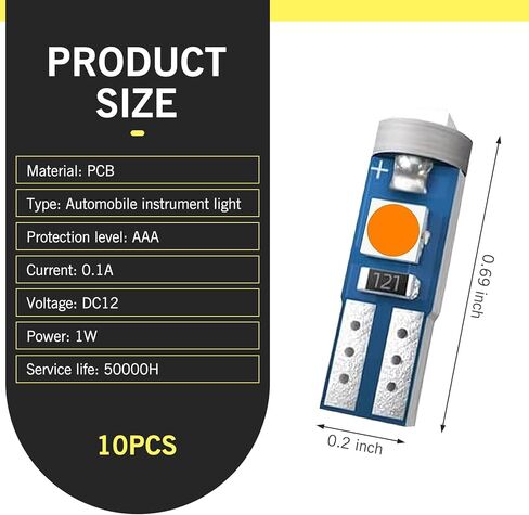 10 PCS T5 LED Bulb, 74 73 37 2721 High Brightness Waterproof Dashboard Indicator Lights, DC 12 V Canbus No Error Plug and Play Energy-saving Long-life Light Bulbs, for Cars Trucks (Yellow) in Kuwait