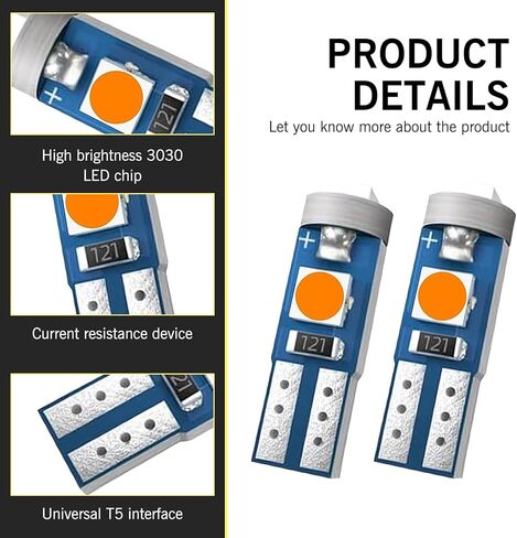10 PCS T5 LED Bulb, 74 73 37 2721 High Brightness Waterproof Dashboard Indicator Lights, DC 12 V Canbus No Error Plug and Play Energy-saving Long-life Light Bulbs, for Cars Trucks (Yellow) in Kuwait