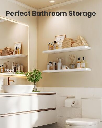 AMADA HOMEFURNISHING 23.6" L Floating Shelves, Wall Shelves Set of 3 for Bathroom/Living Room/Bedroom/Kitchen, White Floating Shelves for Wall Decor with Invisible Brackets - AMFS44W in Kuwait