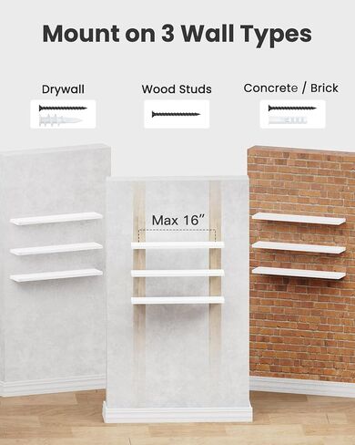 AMADA HOMEFURNISHING 23.6" L Floating Shelves, Wall Shelves Set of 3 for Bathroom/Living Room/Bedroom/Kitchen, White Floating Shelves for Wall Decor with Invisible Brackets - AMFS44W in Kuwait