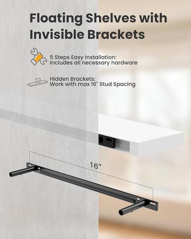 AMADA HOMEFURNISHING 23.6" L Floating Shelves, Wall Shelves Set of 3 for Bathroom/Living Room/Bedroom/Kitchen, White Floating Shelves for Wall Decor with Invisible Brackets - AMFS44W in Kuwait