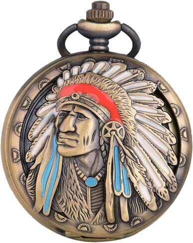 Tiong Engraved Ancient Native Indian/4th of July Pattern Quartz Pocket Watch Design Antique Souvenir Thanksgiving Gifts in Kuwait