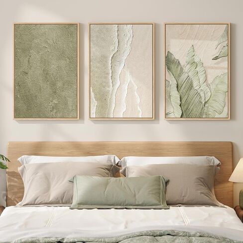 Framed Abstract Sage Green 3 Piece Wall Art for Living Room, Modern Neutral Waves Botanical Canvas Artwork for Walls, Minimalist Wabi Sabi Rustic Nature Print Wall Decor for Bedroom Office, 16x24 Inch in Kuwait