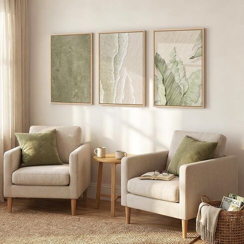 Framed Abstract Sage Green 3 Piece Wall Art for Living Room, Modern Neutral Waves Botanical Canvas Artwork for Walls, Minimalist Wabi Sabi Rustic Nature Print Wall Decor for Bedroom Office, 16x24 Inch in Kuwait