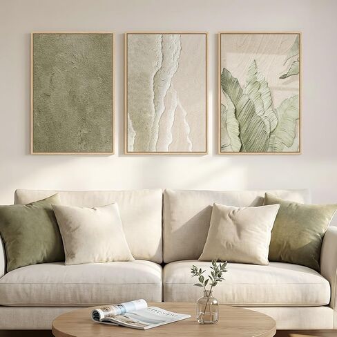 Framed Abstract Sage Green 3 Piece Wall Art for Living Room, Modern Neutral Waves Botanical Canvas Artwork for Walls, Minimalist Wabi Sabi Rustic Nature Print Wall Decor for Bedroom Office, 16x24 Inch in Kuwait