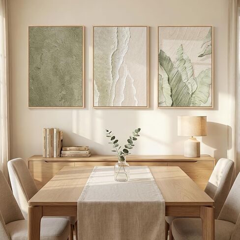 Framed Abstract Sage Green 3 Piece Wall Art for Living Room, Modern Neutral Waves Botanical Canvas Artwork for Walls, Minimalist Wabi Sabi Rustic Nature Print Wall Decor for Bedroom Office, 16x24 Inch in Kuwait