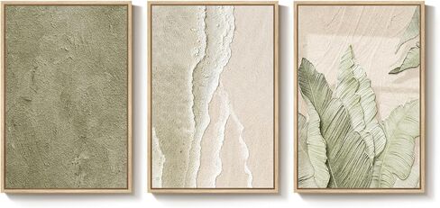 Framed Abstract Sage Green 3 Piece Wall Art for Living Room, Modern Neutral Waves Botanical Canvas Artwork for Walls, Minimalist Wabi Sabi Rustic Nature Print Wall Decor for Bedroom Office, 16x24 Inch in Kuwait