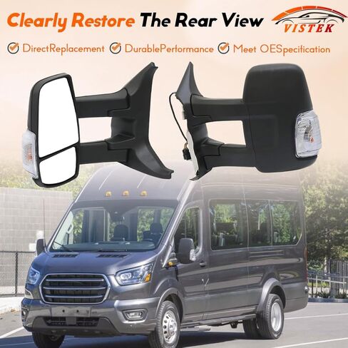 مرآة باب مسخنة كهربائيًا ومرآة رؤية جانبية للسائق FIT Ford Transit 150 250 350 350 HD 2014-2024، مرآة سحب بذراع طويل، إشارة انعطاف مدمجة، استبدل OE# LK4Z-17682-GB، الجانب الأيسر فقط in Saudi Arabia