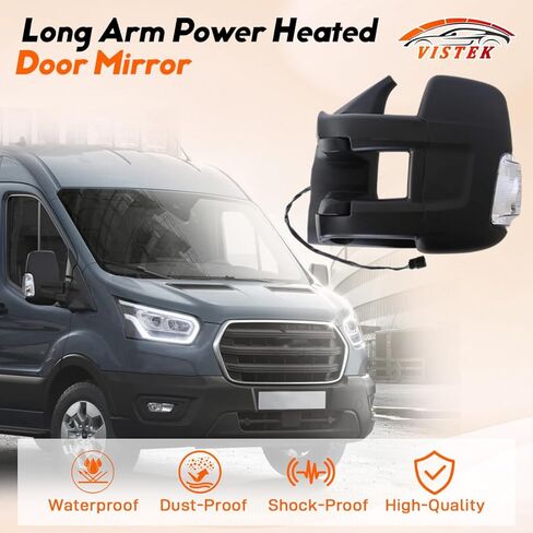 مرآة باب مسخنة كهربائيًا ومرآة رؤية جانبية للسائق FIT Ford Transit 150 250 350 350 HD 2014-2024، مرآة سحب بذراع طويل، إشارة انعطاف مدمجة، استبدل OE# LK4Z-17682-GB، الجانب الأيسر فقط in Saudi Arabia