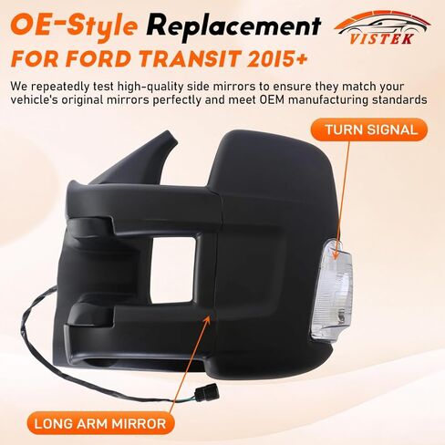 مرآة باب مسخنة كهربائيًا ومرآة رؤية جانبية للسائق FIT Ford Transit 150 250 350 350 HD 2014-2024، مرآة سحب بذراع طويل، إشارة انعطاف مدمجة، استبدل OE# LK4Z-17682-GB، الجانب الأيسر فقط in Saudi Arabia