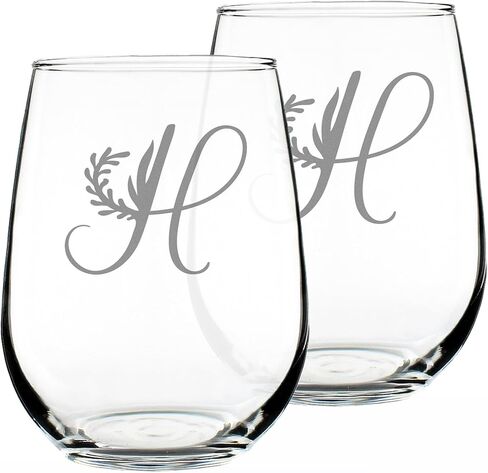 Monogram Floral Letter H - Stemless Wine Glass - Personalized Gifts for Women and Men - Large Engraved Glasses in Saudi Arabia