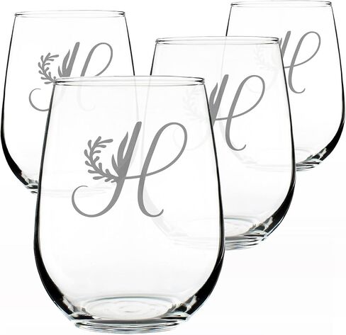 Monogram Floral Letter H - Stemless Wine Glass - Personalized Gifts for Women and Men - Large Engraved Glasses in Saudi Arabia