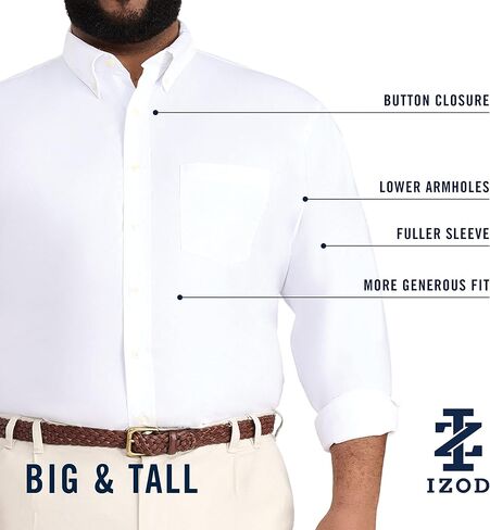 Izod Men's Big and Tall Button Down Long Sleeve Stretch Performance Solid Shirt in Saudi Arabia