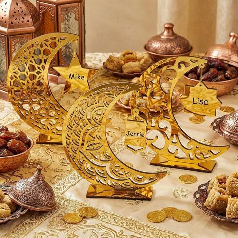 Vicenpal 3 Pcs Acrylic Ramadan Decorations Islamic Eid Mubarak Kareem Table Sign Moon Hollow Star Ornament for Muslim Party Tabletop Decor Home Craft Decoration Golden Moon in Saudi Arabia