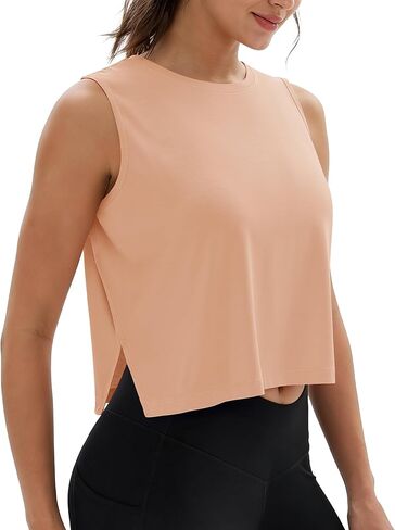 MAGCOMSEN Women's Crop Tank Tops Workout Sleeveless Shirts Loose Fit Gym Yoga Top with Side Slits in Kuwait