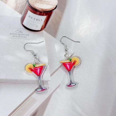 Pink Martini Cocktail Cup Acrylic Dangle Drop Earrings for Women Lightweight Statement Lemon Wine Glass Creative Hook Earring Fashion Summer Beach Party Vacation Hawaiian Holiday Jewelry Gift in Saudi Arabia