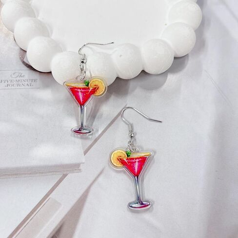 Pink Martini Cocktail Cup Acrylic Dangle Drop Earrings for Women Lightweight Statement Lemon Wine Glass Creative Hook Earring Fashion Summer Beach Party Vacation Hawaiian Holiday Jewelry Gift in Saudi Arabia