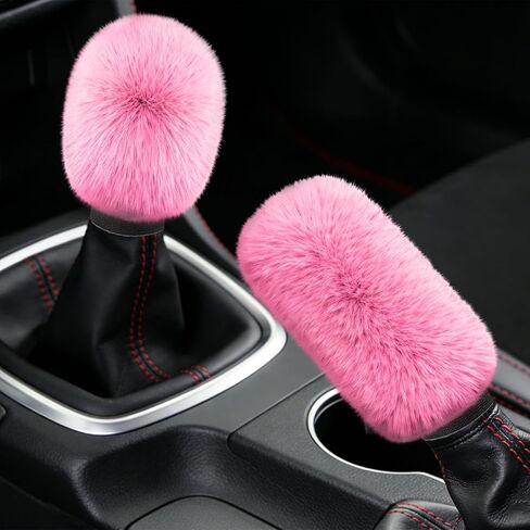 Car Gear Shift Knob Cover and Handbrake Cover, Artificial Plush Warm Handbrake Gear Cover, Automotive Handbrake Cover Gear Shift Knob Protector Set Accessories for Men Women (Pink) in Saudi Arabia
