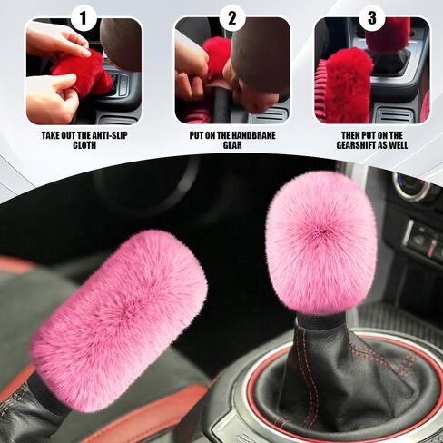 Car Gear Shift Knob Cover and Handbrake Cover, Artificial Plush Warm Handbrake Gear Cover, Automotive Handbrake Cover Gear Shift Knob Protector Set Accessories for Men Women (Pink) in Saudi Arabia