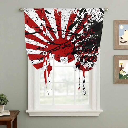 Japanese Chariot Flag Tie Up Curtains for Window, Red Black Flag Abstract Thermal Insulated Balloon Shade Adjustable Rod Pocket Curtains Valance Panels for Kitchen Bathroom Café 42'' x 63'' in Saudi Arabia