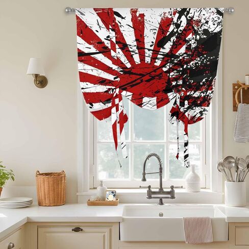 Japanese Chariot Flag Tie Up Curtains for Window, Red Black Flag Abstract Thermal Insulated Balloon Shade Adjustable Rod Pocket Curtains Valance Panels for Kitchen Bathroom Café 42'' x 63'' in Saudi Arabia