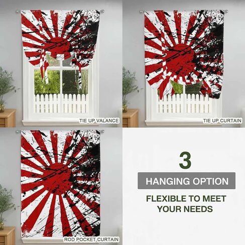 Japanese Chariot Flag Tie Up Curtains for Window, Red Black Flag Abstract Thermal Insulated Balloon Shade Adjustable Rod Pocket Curtains Valance Panels for Kitchen Bathroom Café 42'' x 63'' in Saudi Arabia