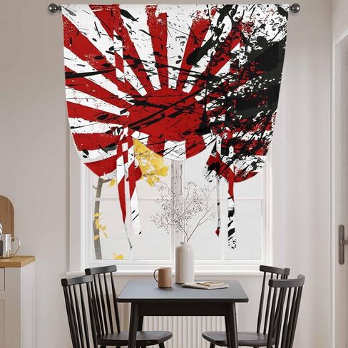 Japanese Chariot Flag Tie Up Curtains for Window, Red Black Flag Abstract Thermal Insulated Balloon Shade Adjustable Rod Pocket Curtains Valance Panels for Kitchen Bathroom Café 42'' x 63'' in Saudi Arabia
