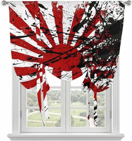 Japanese Chariot Flag Tie Up Curtains for Window, Red Black Flag Abstract Thermal Insulated Balloon Shade Adjustable Rod Pocket Curtains Valance Panels for Kitchen Bathroom Café 42'' x 63'' in Saudi Arabia