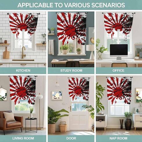 Japanese Chariot Flag Tie Up Curtains for Window, Red Black Flag Abstract Thermal Insulated Balloon Shade Adjustable Rod Pocket Curtains Valance Panels for Kitchen Bathroom Café 42'' x 63'' in Saudi Arabia