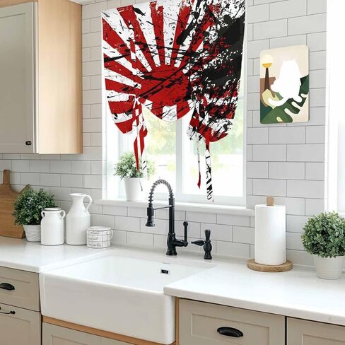 Japanese Chariot Flag Tie Up Curtains for Window, Red Black Flag Abstract Thermal Insulated Balloon Shade Adjustable Rod Pocket Curtains Valance Panels for Kitchen Bathroom Café 42'' x 63'' in Saudi Arabia