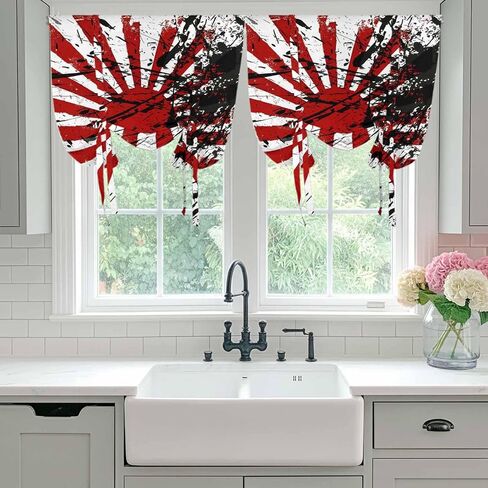 Japanese Chariot Flag Tie Up Curtains for Window, Red Black Flag Abstract Thermal Insulated Balloon Shade Adjustable Rod Pocket Curtains Valance Panels for Kitchen Bathroom Café 42'' x 63'' in Saudi Arabia